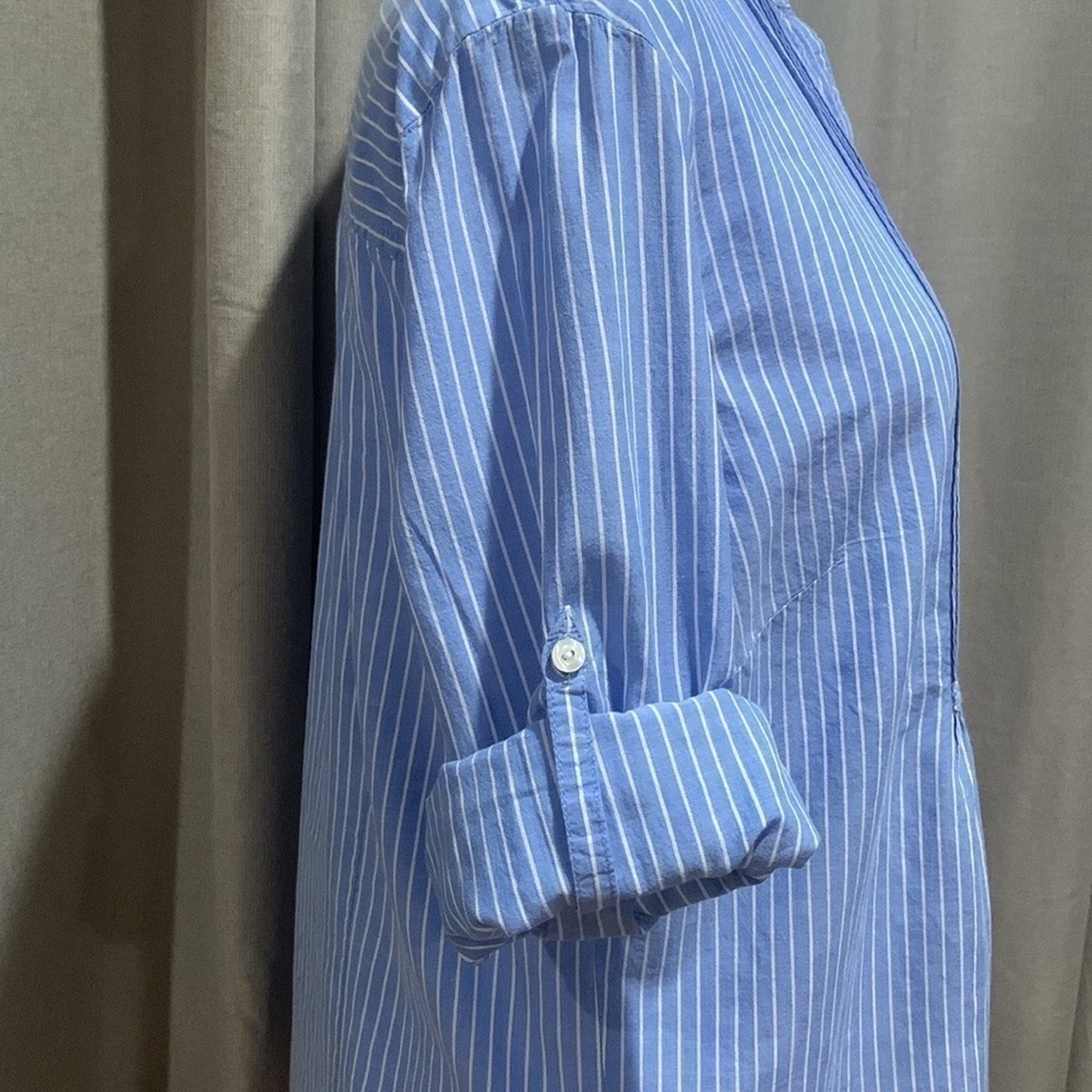 L.L. Bean Blue and White Striped Roll Tab Sleeve Top Size Medium - Picture 6 of 15
